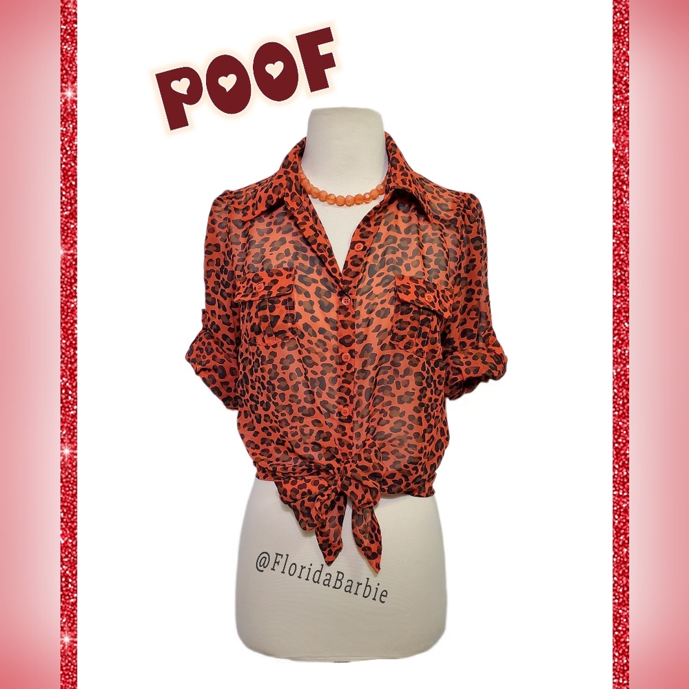 Poof! Sheer Red Orange Leopard Tie-Front Blouse Women Vintage Casual Button Down